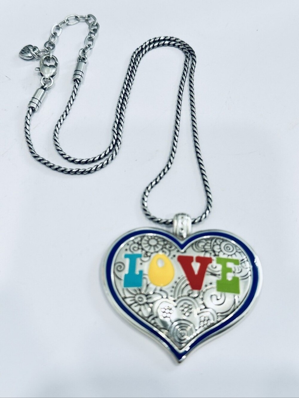 BRIGHTON Silver Heart 'LOVE' Pendant Necklace with Blue Trim